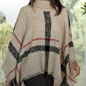 Turtleneck Soft Beige + Plaid Poncho Sweater O/S